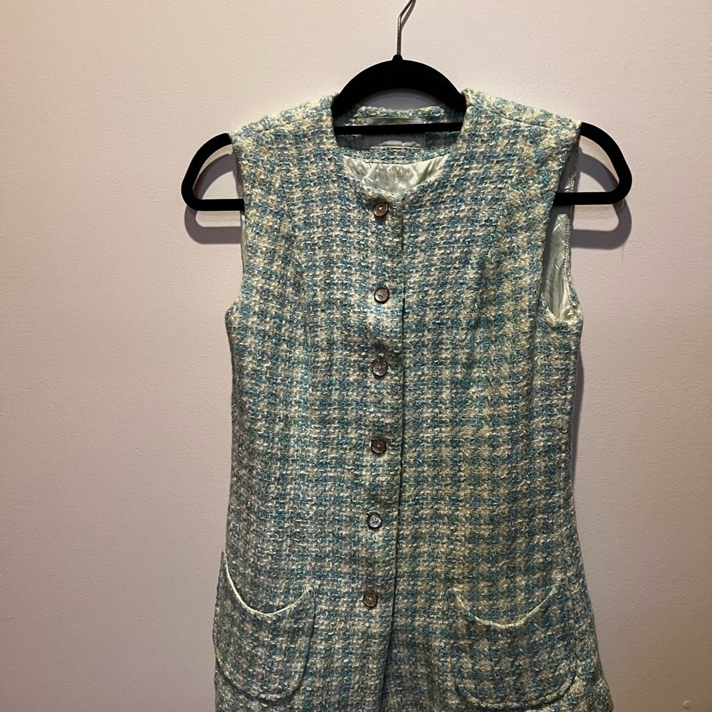Blue Tweed Sleeveless Vest with Pockets